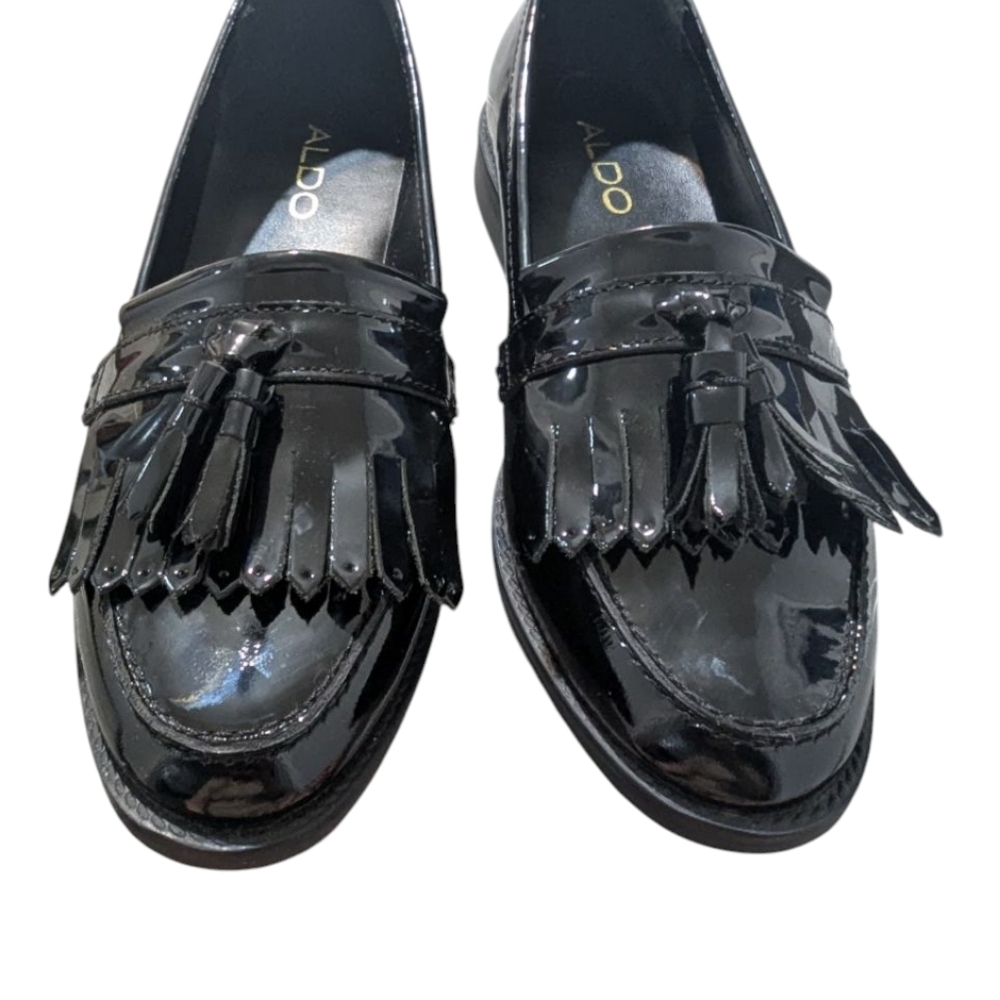 BN ALDO Shiny Black Tassel Fringed Loafers Sz US 8 Chic Elegant Versatile - Picture 6 of 9